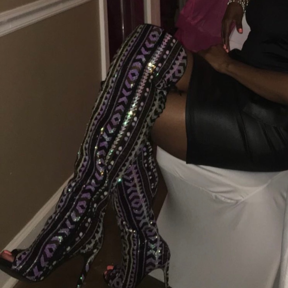 Knee high multicolored sequin boots